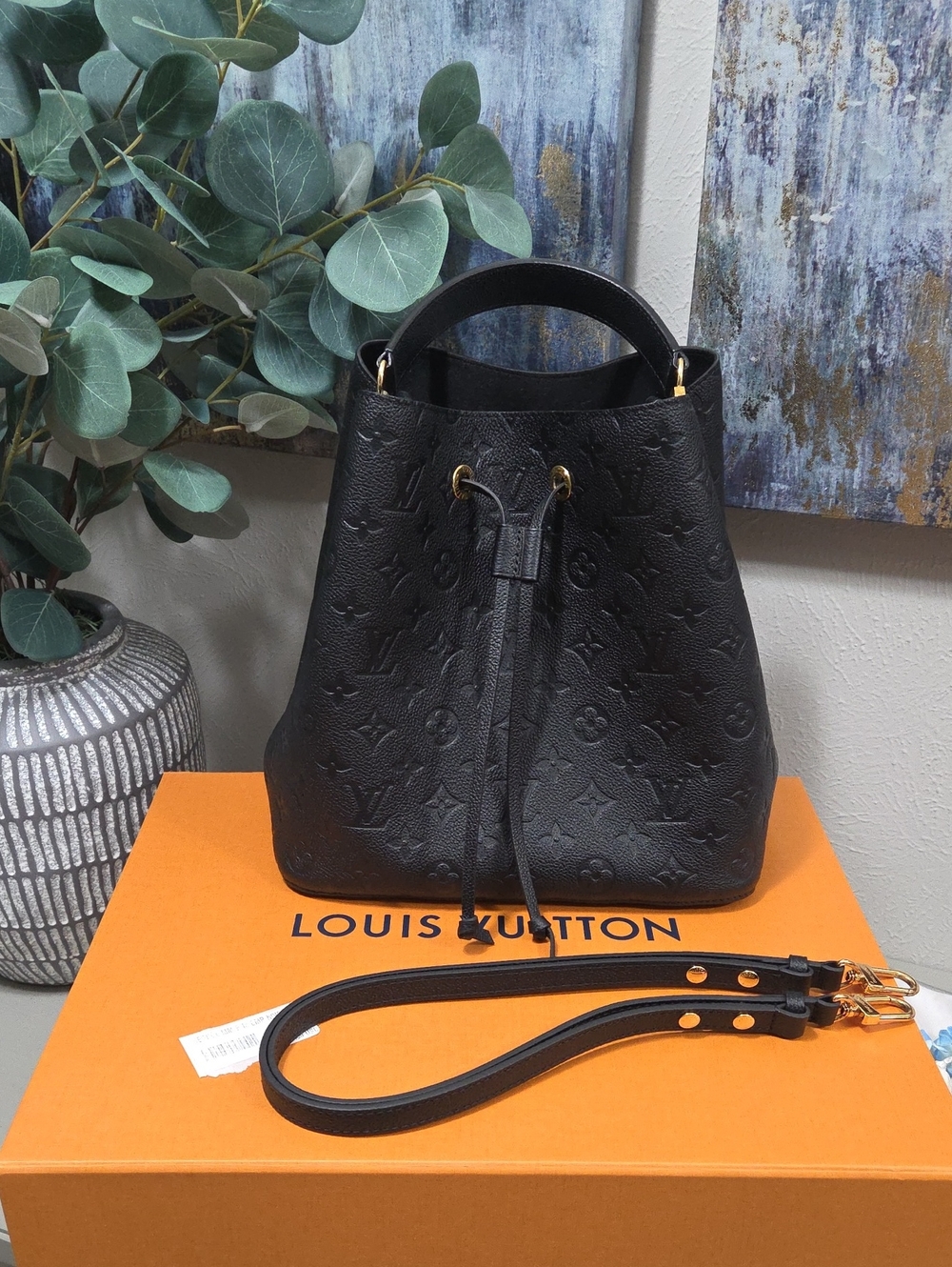Louis Vuitton Neo Noe MM Black Embossed Monogram Bucket Shoulder Bag
